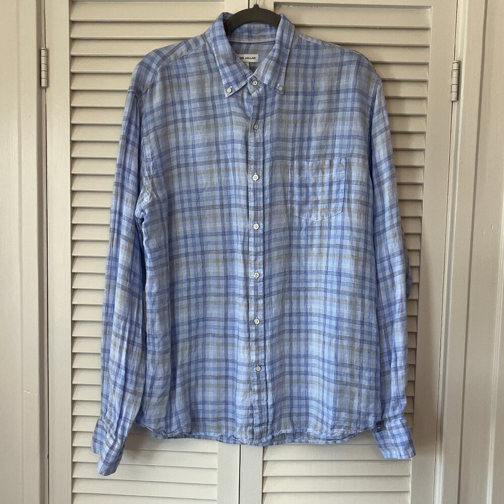 Peter Millar buttondown large plaid blue linen men beachwood